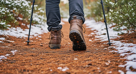 Hiking boots and trekking poles in the winter forest. Hikingの素材