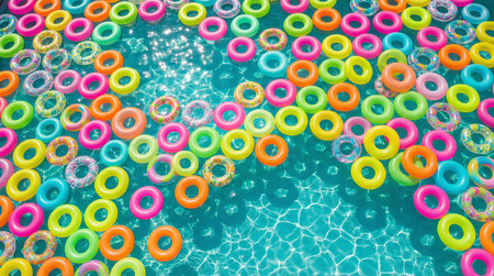 Colorful inflatable rings floating in swimming pool, top view.の素材