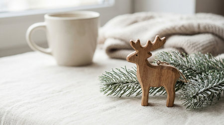 Christmas and New Year background with fir branches, cup of coffee and wooden deerの素材