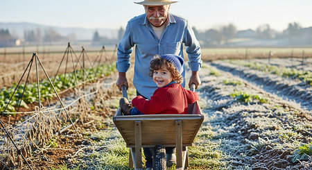 Grandfather and grandson pushing a wheelbarrow on a farm fieldの素材