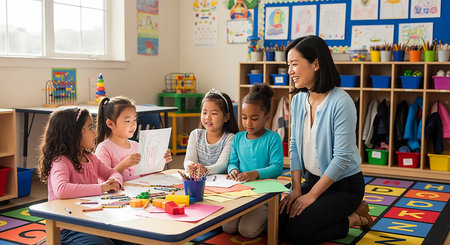 Teacher talking to her students in the classroom at elementary school.の素材