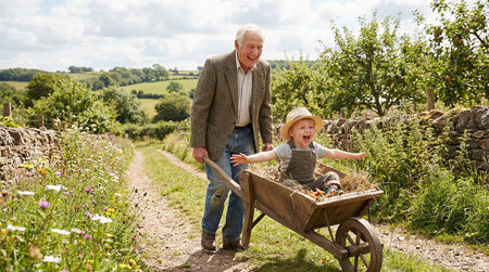 Grandfather and grandson pushing a wheelbarrow with freshly harvested carrotsの素材