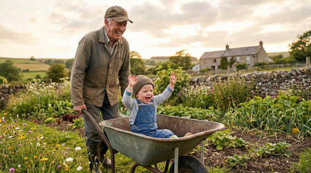 Father and son having fun on a wheelbarrow in the countrysideの素材