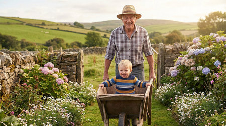 Grandfather And Grandson Carrying Wheelbarrow Through Countrysideの素材
