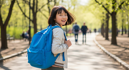 Happy asian girl with backpack going to school in the park.の素材