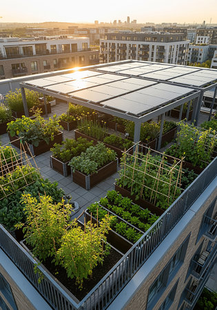 Aerial view of a modern apartment building with a lot of plants on the balconies.の素材