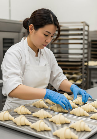 young asian woman baker making croissants at pastry factory kitchenの素材