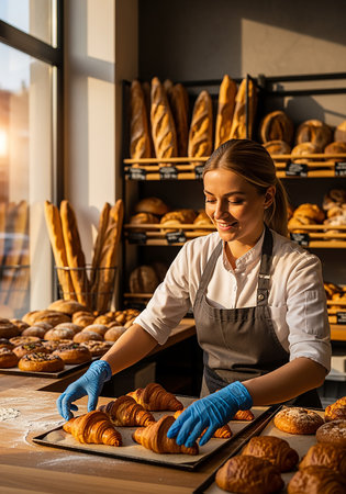 beautiful young woman in apron working with croissants in bakeryの素材