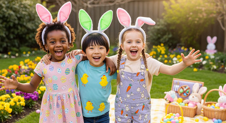 Happy easter. Cheerful children wearing bunny ears having fun while playing in the gardenの素材