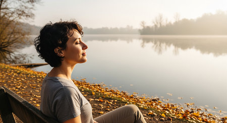 Beautiful young woman sitting on a bench by a lake in autumnの素材