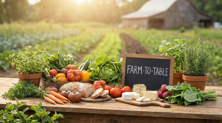 Organic farm produces on a wooden table in front of a barnの素材