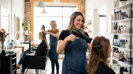 Beautiful hairdresser drying woman's hair in a beauty salonの素材