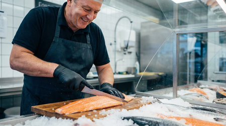 Chef cutting fresh salmon on the counter of a fish shop.の素材