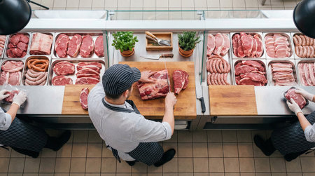 High angle view of butcher standing at counter with meat products in supermarketの素材