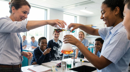 Smiling teacher showing chemical reaction to students in chemistry class at schoolの素材