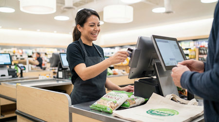 Customer paying with credit card at the cash register in a grocery storeの素材