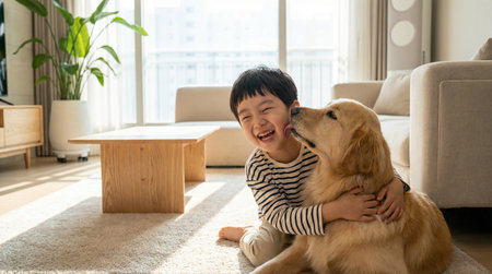Asian boy playing with golden retriever dog in living room at homeの素材