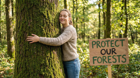 Young woman standing near a tree with a sign that says Protect our forestsの素材
