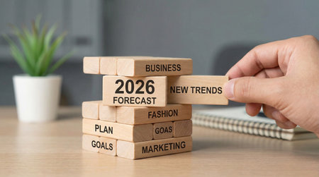 Businessman hand arranging wood cube block with 2026 new year concept.の素材