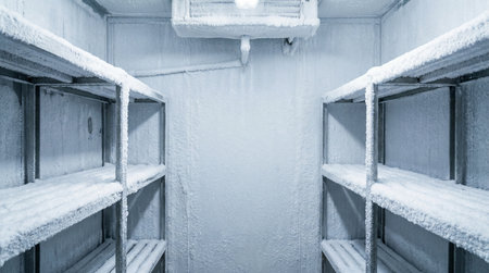 Frozen shelves in the refrigerator. Winter concept. Toned.の素材