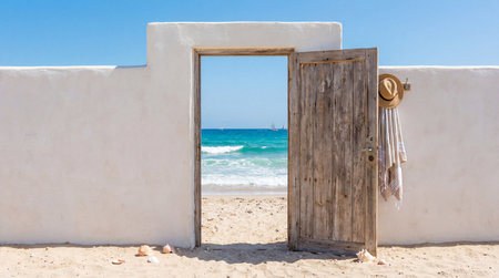 Wooden door on the beach of Paros island, Cyclades, Greeceの素材