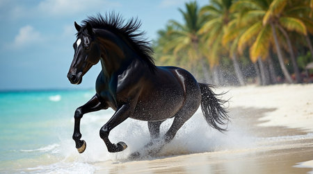 Black stallion running on the sandy beach with palm trees in the backgroundの素材
