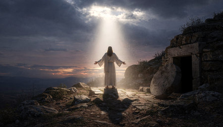Jesus Christ in the rays of the sun. 3d rendering.の素材