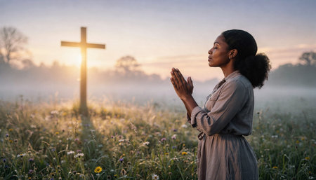 Young african american woman praying in front of the cross at sunriseの素材