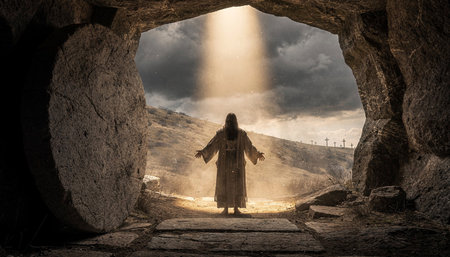 Mystical image of Jesus Christ in the cave. 3d renderingの素材