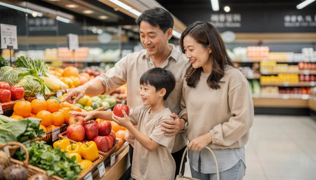 Happy asian family shopping in grocery store. Father, mother and son choosing fruits and vegetables.の素材