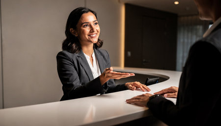 Smiling businesswoman talking to her colleague at reception desk in officeの素材