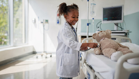 Portrait of girl doctor using stethoscope while examining teddy bear in hospitalの素材