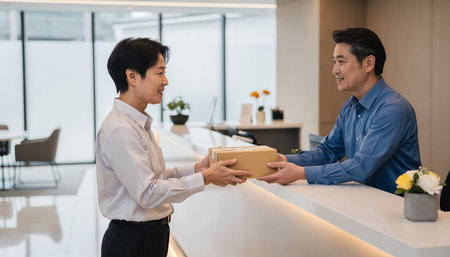 asian man receiving a parcel from a customer at the reception deskの素材