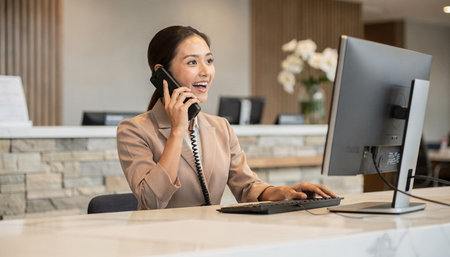 Smiling businesswoman talking on the phone while sitting at desk in officeの素材