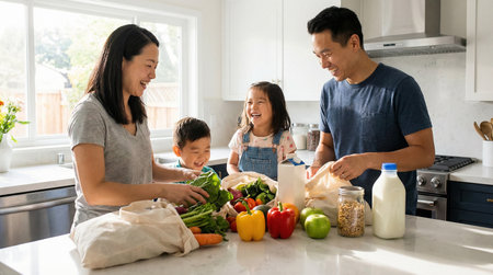 Happy asian family cooking together in the kitchen at home. Healthy food concept.の素材