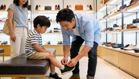 Father helping son to tie shoelaces in shoe store. Family shopping conceptの素材