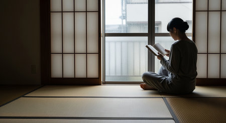 Japanese woman reading a book while sitting on the tatami matの素材