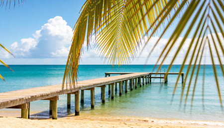 Wooden pier on tropical beach with coconut palm leaves. Vacation conceptの素材