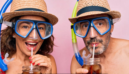 Elderly couple in hats and snorkeling masks drinking cola.の素材