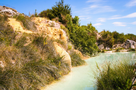 Hot spring of thermal water, Bagno Vignoni, Tuscany, Italyの写真素材