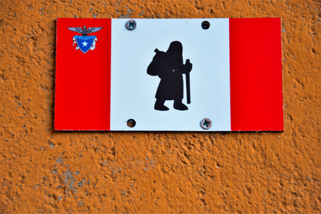 arrow sign of Via Francigena, ancient pilgrimage route through italy and franceの写真素材