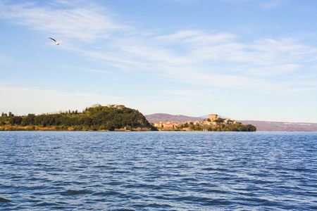 view of capodimonte from Marta village, on Bolsena lake, Lazio, Italy の写真素材