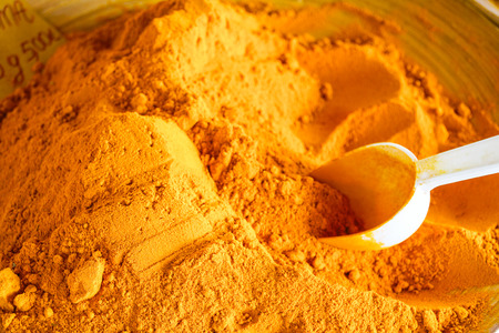 turmeric powder in plateの写真素材
