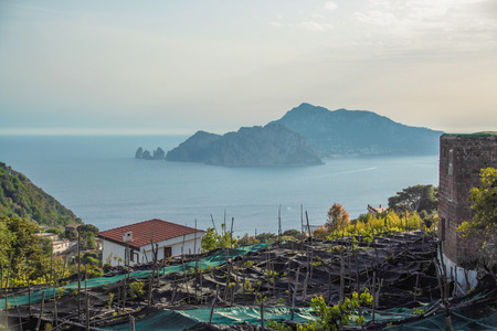 Massa Lubrense and landscape of sorrento's peninsula and gulf, with island of Capri Naples, Italyの写真素材