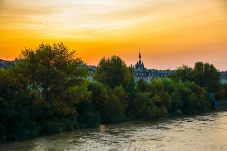 The skyline of Bordeaux at sunsetの写真素材