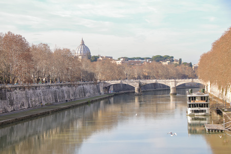 View of Tober riverside and cityscape of Rome, Italy の写真素材