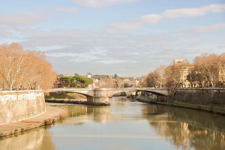 View of Tober riverside and cityscape of Rome, Italyの写真素材