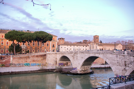 View of Tiber riverside and cityscape of Rome, Italyの写真素材