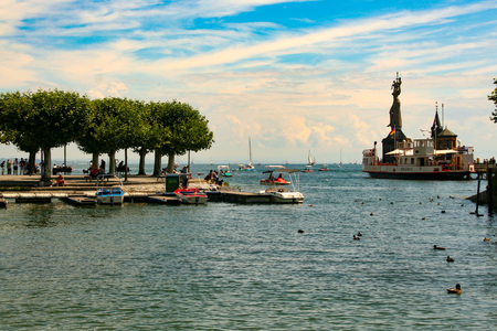 At Konstanz - Germany - On 08/04/2016 - the town of Konstanz on Constance lake: the lighthouse, Imperia statue  and port; Bodensee, Germanyのeditorial素材