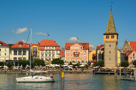 the port of Lindau on the lake of Constance, Bodensee, Germanyのeditorial素材
